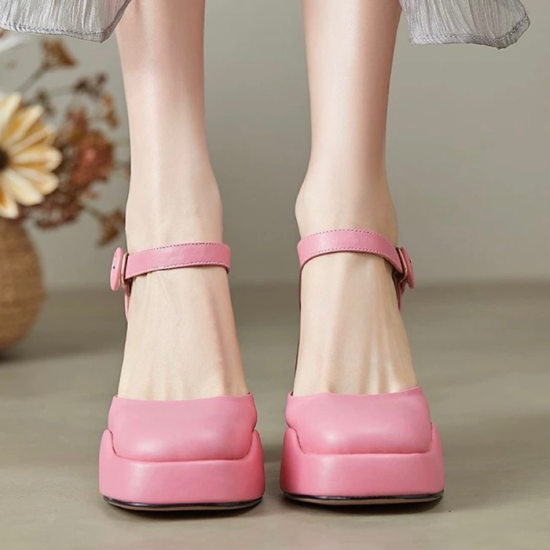 ORDER 🍂 Giày gót trụ mũi tròn da trơn da lộn phối viền 34-39 9cm