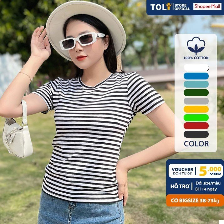 Áo thun nữ TOLI cổ tròn tay ngắn, dáng ôm nhẹ, vải Cotton co dãn mềm mịn, màu sọc, hàng chính hãng cao cấp [Tr-15B]