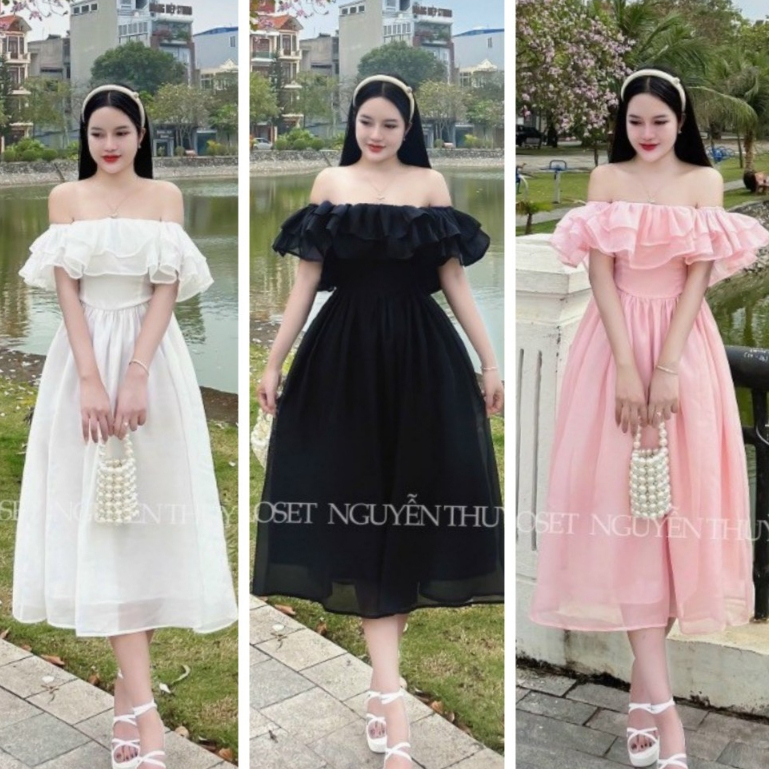 Đầm váy xòe dáng dài tiểu thư mix áo trễ vai bèo tầng tiểu thư sang chảnh dành cho các nàng đi chơi, dự tiệc tôn dáng