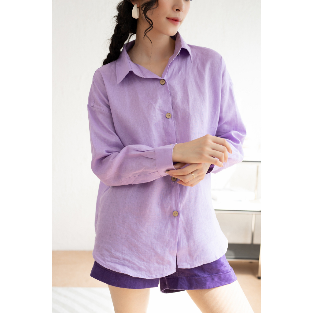 Áo sơ mi nữ linen freesize dài tay thời trang Hoa Đô màu xanh tím cà HA1058
