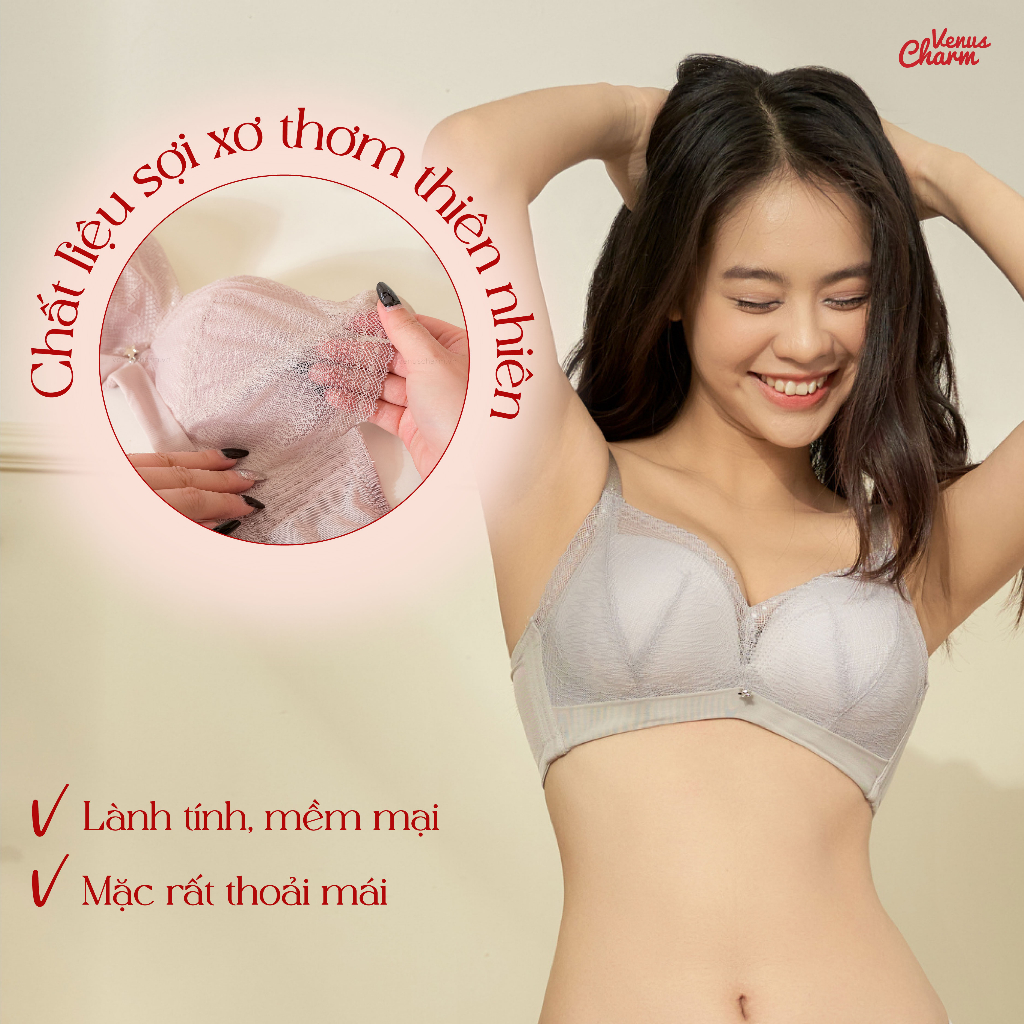 Áo lót không gọng đệm dày 3cm họa tiết ren nâng ngực tạo khe an toàn cho da nhạy cảm Venus Charm 6066