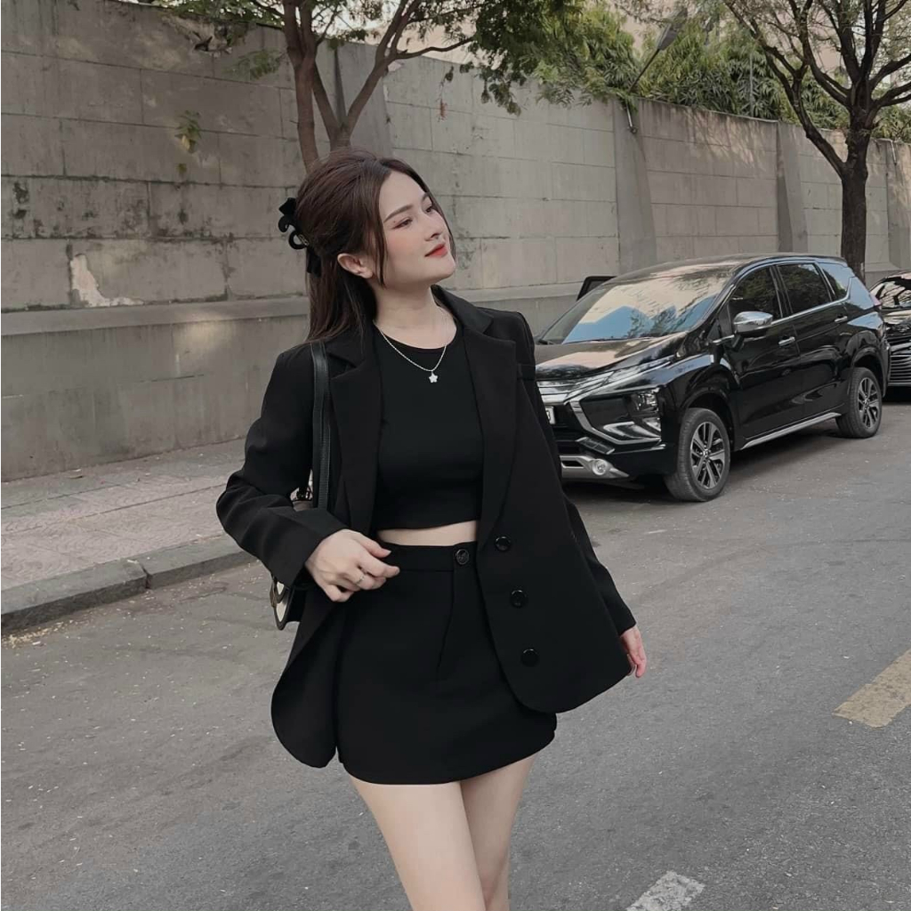 Set bộ 3 món thời trang nữ lót borip cổ vest tay dài váy lưng nút ôm mini