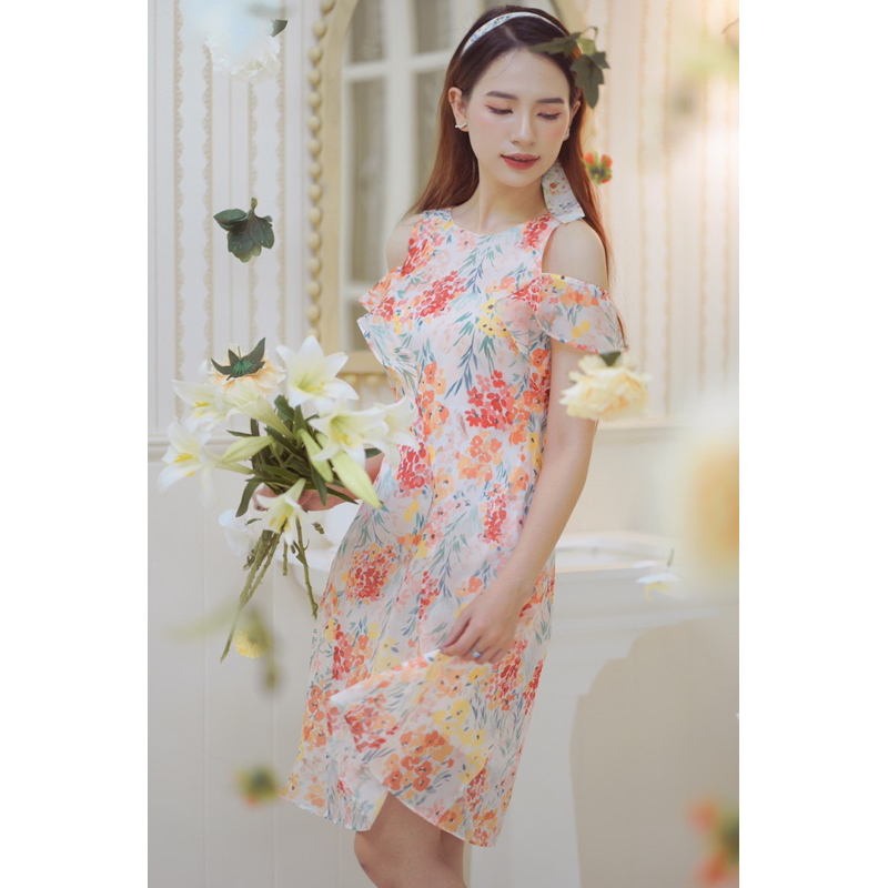 Váy tơ óng hoa cam xẻ vai Cam Thảo - Mayy Fashion