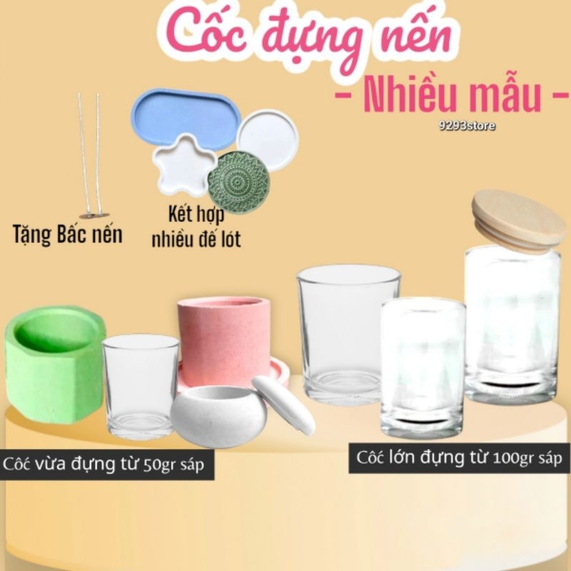 Ly cốc đựng nến thơm nắp gỗ & Khay đế lót nến thơm nhiều mẫu tặng Bấc nến Tim nến Cotton - Nguyên liệu làm nến thơm