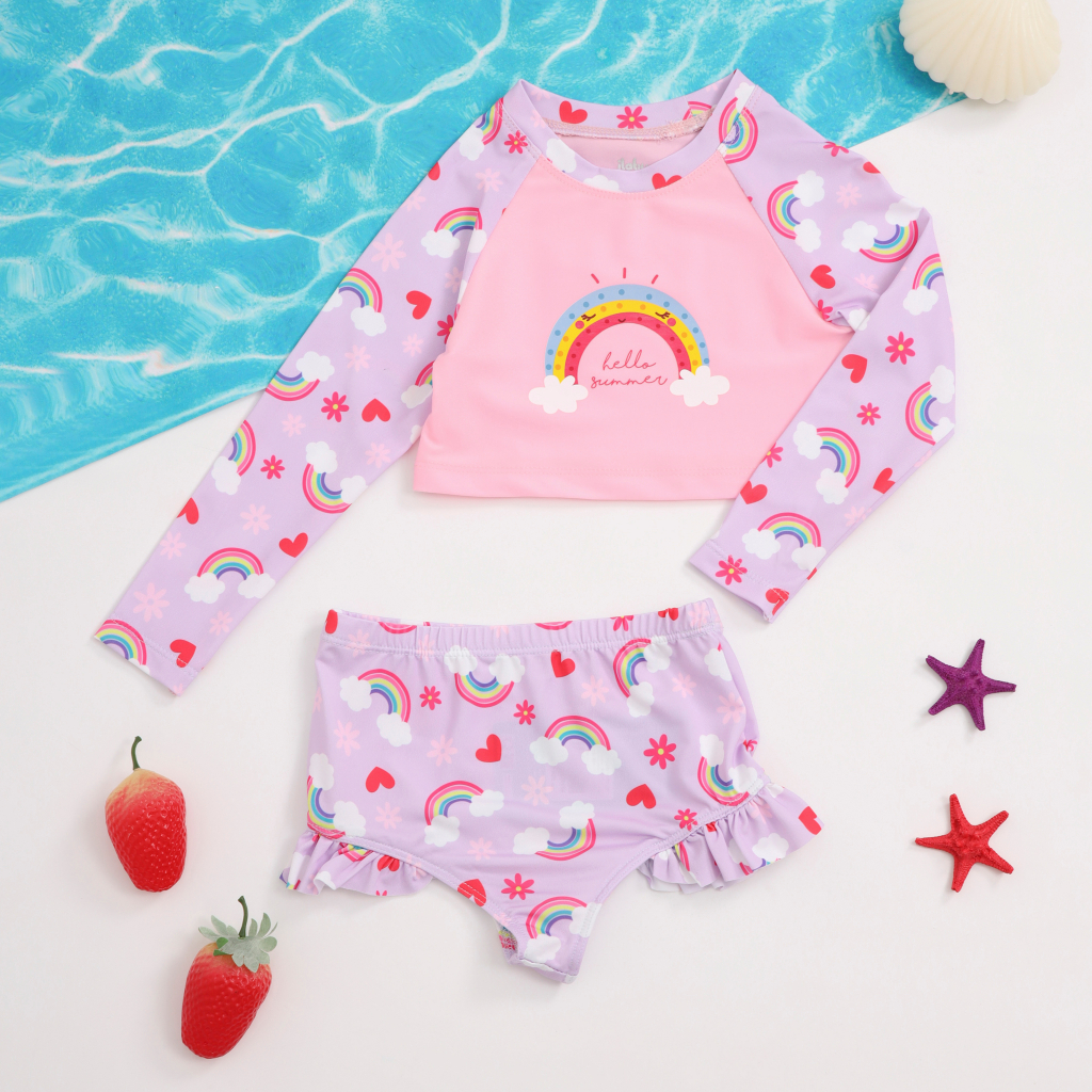 Set đồ bơi bé gái ILABY đi biển biển rời dài tay in hình chất liệu thun lạnh cho bé 8-28kg [70IG1631C3FT]