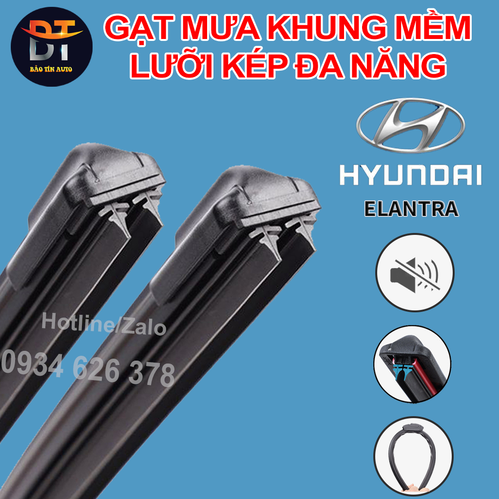 [LƯỠI KÉP] Bộ gạt mưa lưỡi kép cao cấp HUYNDAI ELANTRA, thanh cần gạt nước mưa 2 lưỡi khung mềm đa năng, gạt kính ô tô