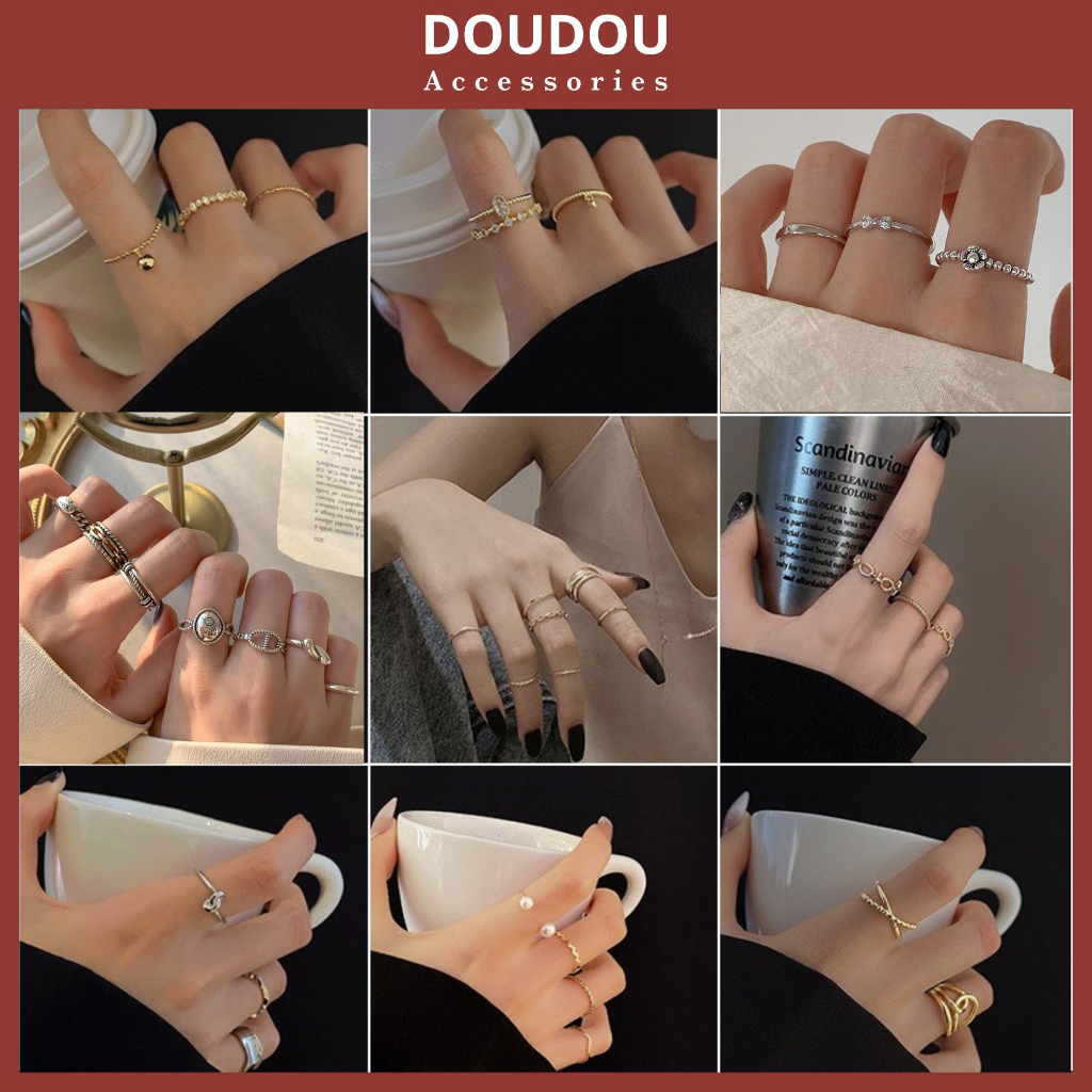 Nhẫn bạc 925 cao cấp Doudou Set nhẫn nữ đính đá lấp lánh cá tính phong cách Hàn Quốc chất liệu bạc S925 thời trang JZ003