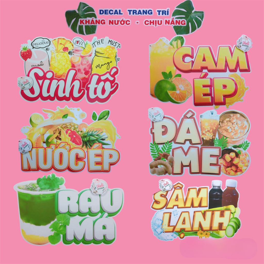 Decal Trang Trí Quán Hình Dán Cà Phê, Sinh Tố, Nước Ép, Cam Ép, Nước Mía, Rau Má, Sâm Lạnh, Đá Me, Trà Chanh, Trà Tắc...