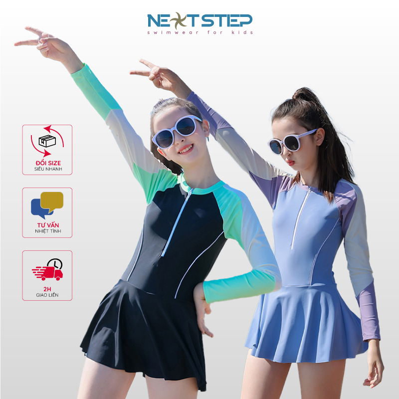 Đồ bơi bé gái, tay dài chất vải chống nắng, liền chân váy đươc phối màu xanh đen có size đại từ 24kg - 58kg