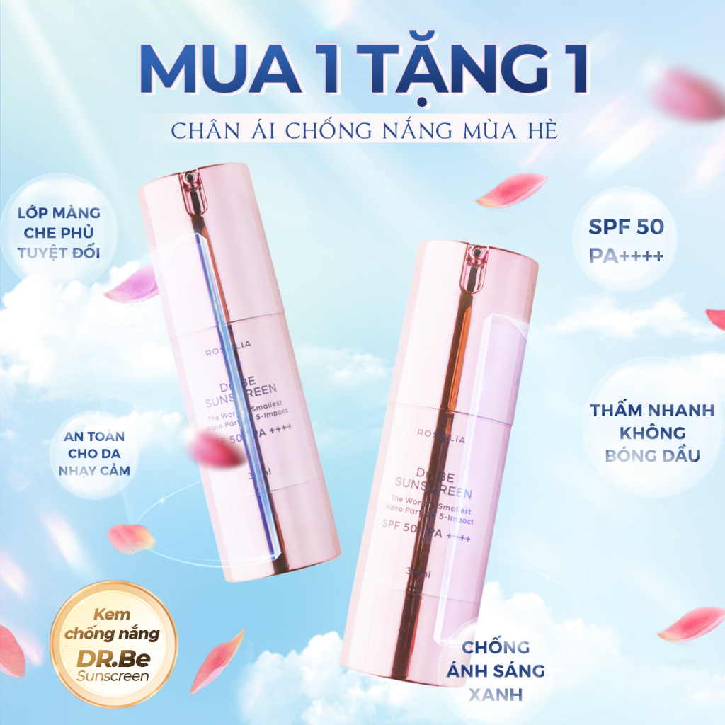 " MUA 1 TẶNG 1" Kem Chống Nắng SPF50 PA++++ Cho Da Mụn, Da Yếu Nhạy Cảm, An Toàn Cho Trẻ Từ 6 Tháng Tuổi Dr Be Rosalia