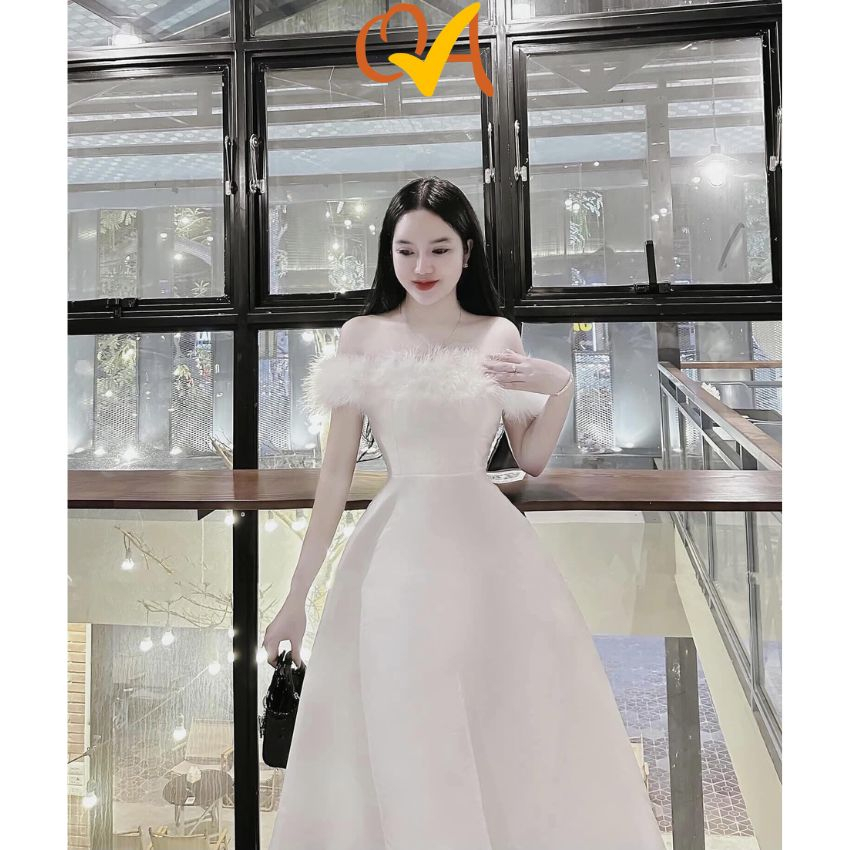 Đầm xòe lông vũ dài trễ vai chất tappa xinh xắn thời trang nữ công sở, dự tiệc, dạo phố Quocanh