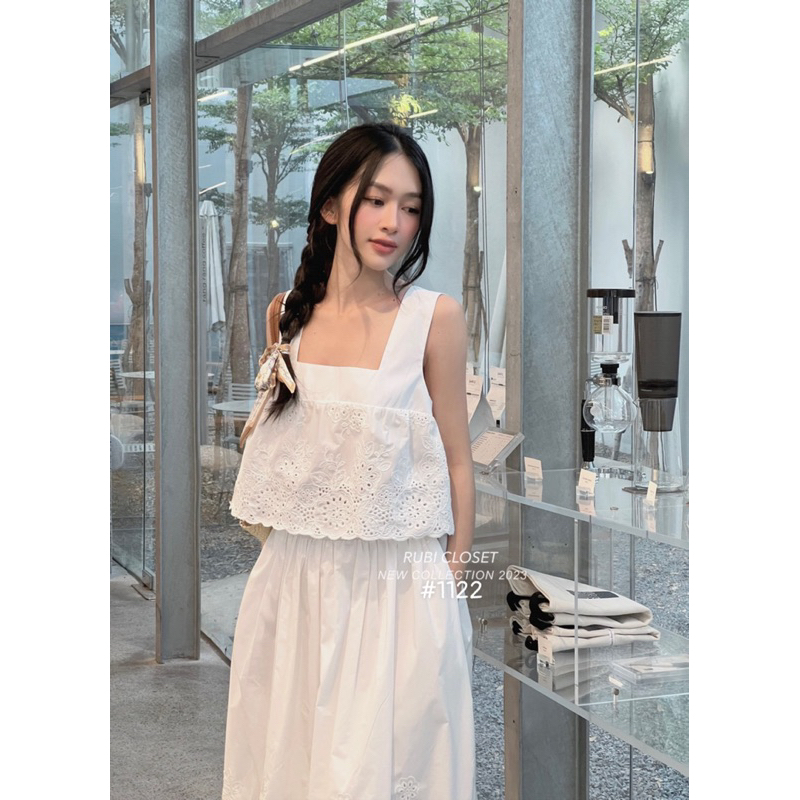 Set ren trắng áo 2 dây cổ vuông chân váy dài mặc đi chơi, đi du lịch 23'September Clothes