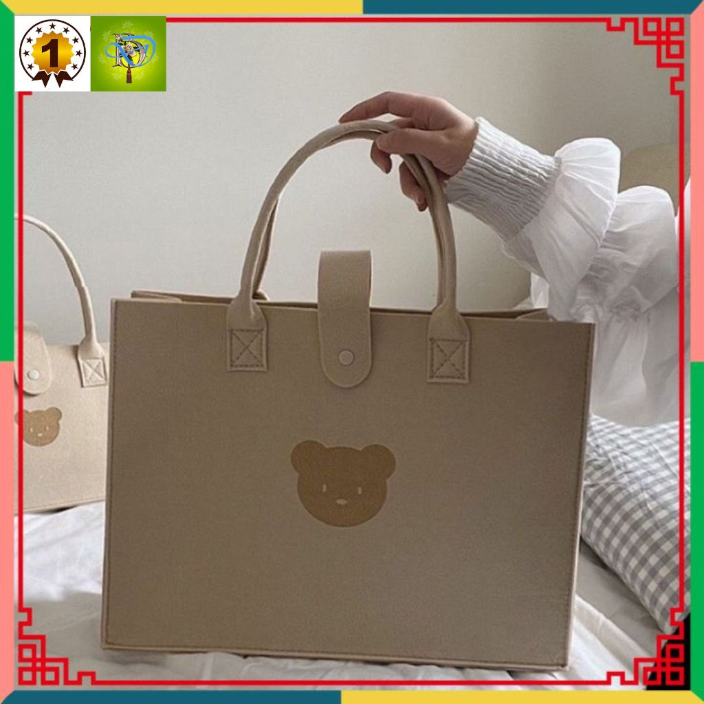 Túi xách nữ, túi vuông cầm tay hoạ tiết hình gấu màu trà sữa chất nỉ siêu cute phong cách hàn quốc.SIZE TO