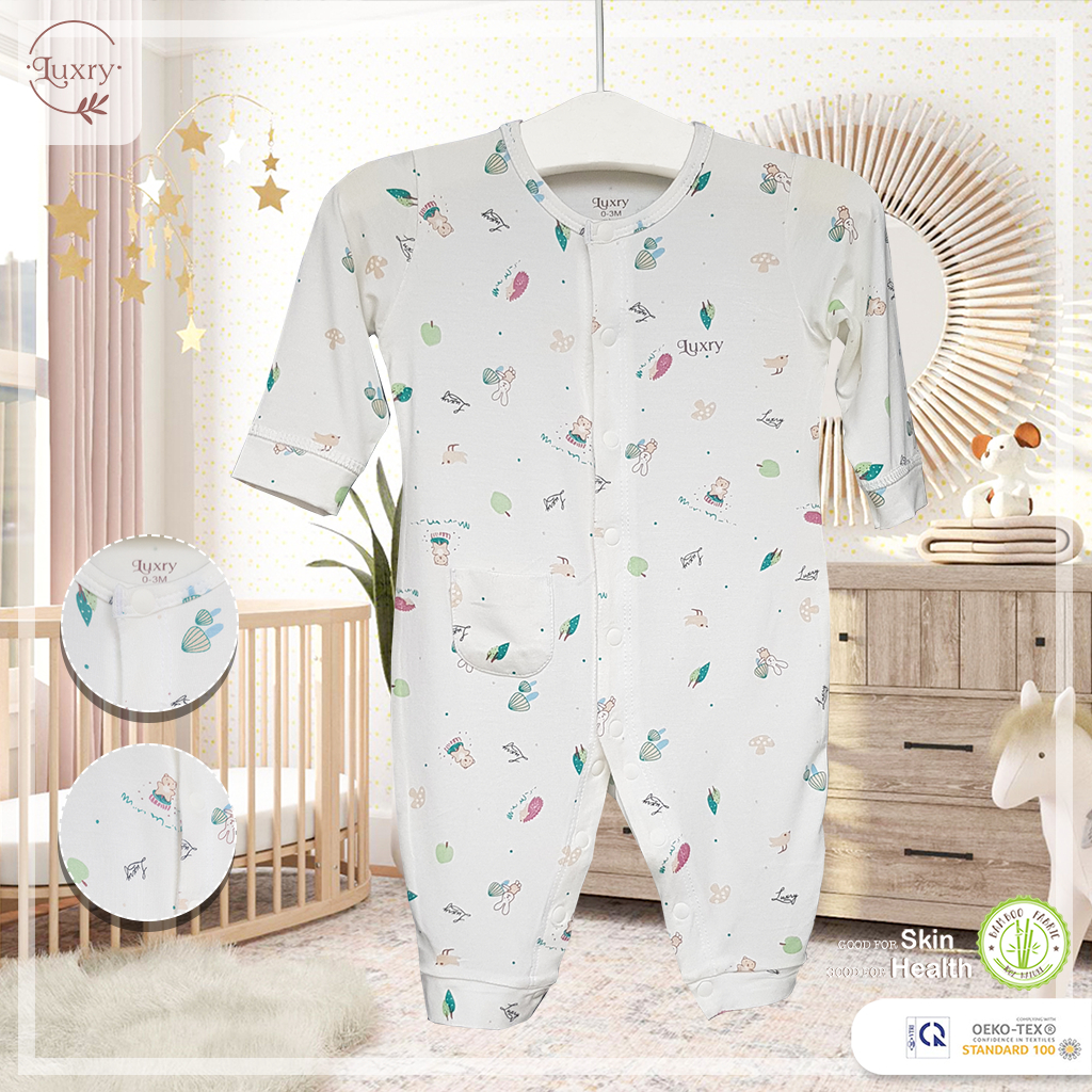Bộ body dài tay họa tiết gấu - máy bay Luxry cho bé sơ sinh đến 12 tháng