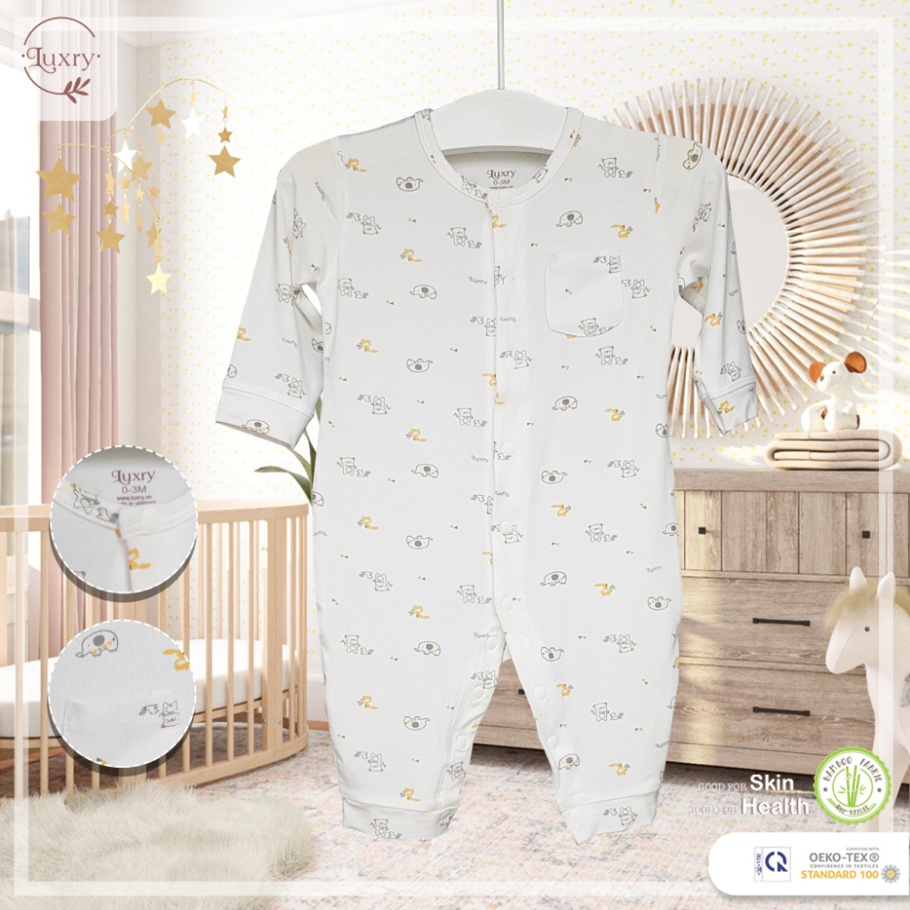 Bộ body dài tay họa tiết gấu - máy bay Luxry cho bé sơ sinh đến 12 tháng