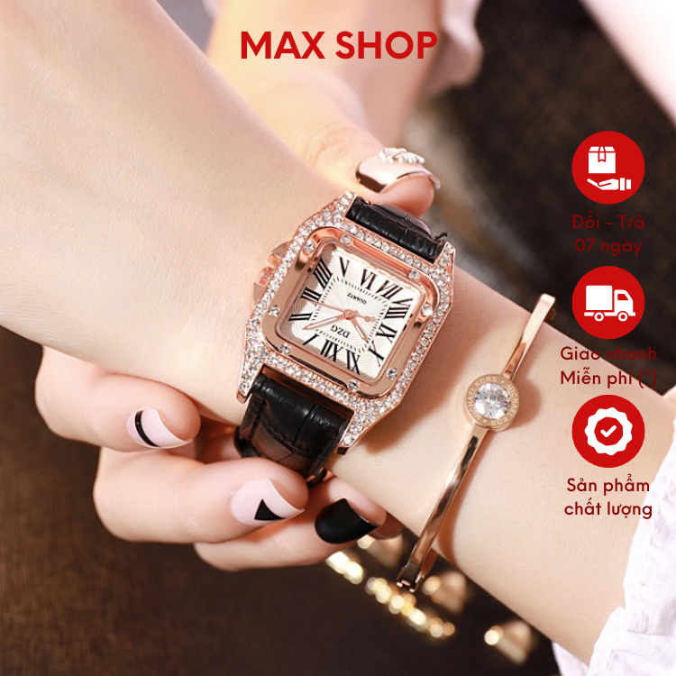 Đồng Hồ Nữ DZG 7215 Mặt Vuông Đính Đá Dây Da Sang Trọng