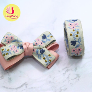 Ruy băng thêu hoa 2cm dùng làm nơ kẹp tóc, phụ kiện may mặc