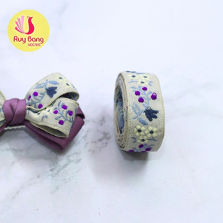 Ruy băng thêu hoa 2cm dùng làm nơ kẹp tóc, phụ kiện may mặc