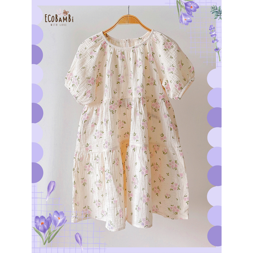 Đầm cotton muslin phối 3 tầng dáng xoè tay phồng đáng yêu cho bé gái - ECOBAMBI