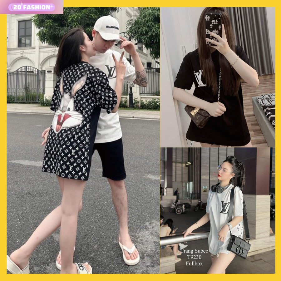 Áo thun nam nữ cặp đôi chữ L.V in kín lưng và đầu thỏ, áo phông rộng thời trang hothit