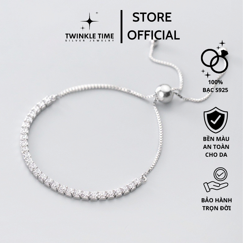 Lắc tay bạc nữ S925 chính hãng cao cấp Twinkle Time chốt dây rút đính đá dải TT002