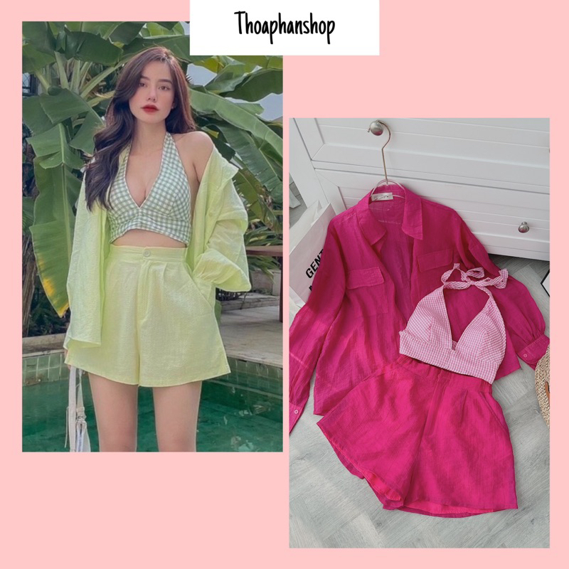 SET ÁO SƠ MI+ SHORT + BRA XANH CARO HAI MÀU [kèm ảnh thật ]