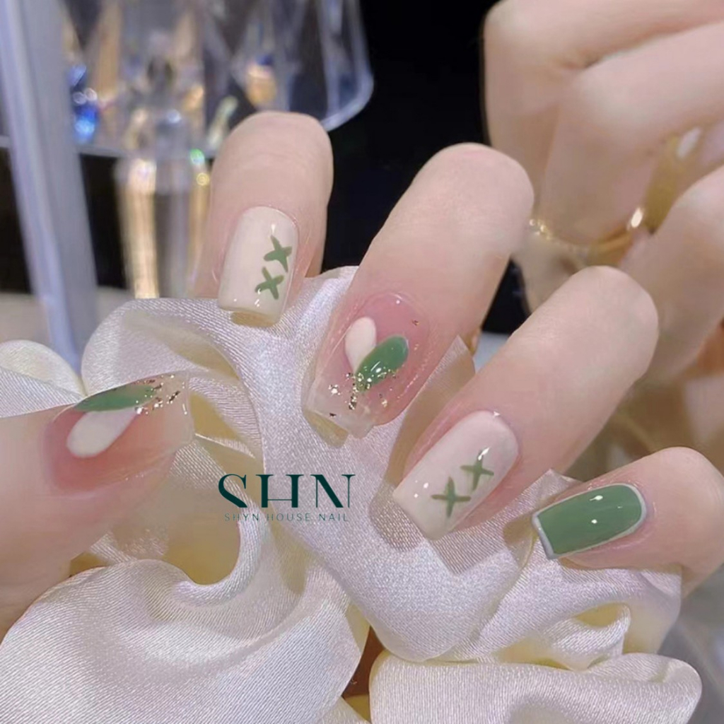 Móng tay giả đẹp đơn giản A103, Bộ 24 móng tay giả ngắn vuông, Nail xinh, Nailbox đính đá