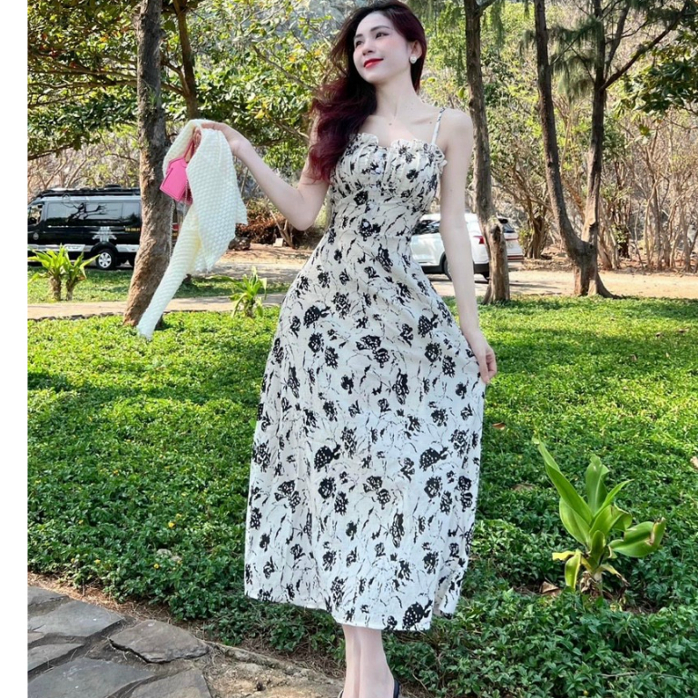 Đầm thời trang nữ dự tiệc chất lụa in cổ dây váy dài xoè maxi xinh xắn