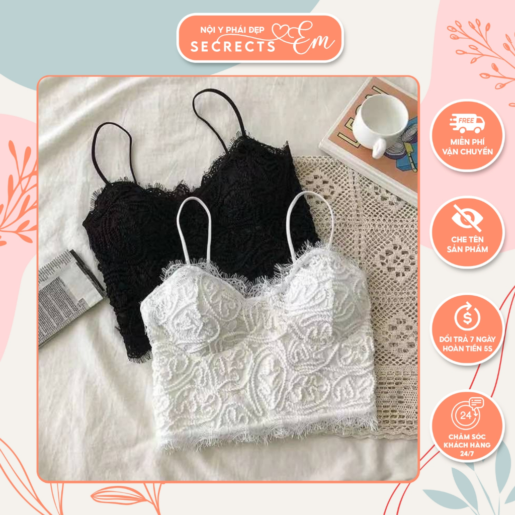 Áo Bra 2 dây dáng croptop EM SECRETS viền ren chất liệu thoáng mát có đệm ngực kiểu dáng trẻ trung EA015
