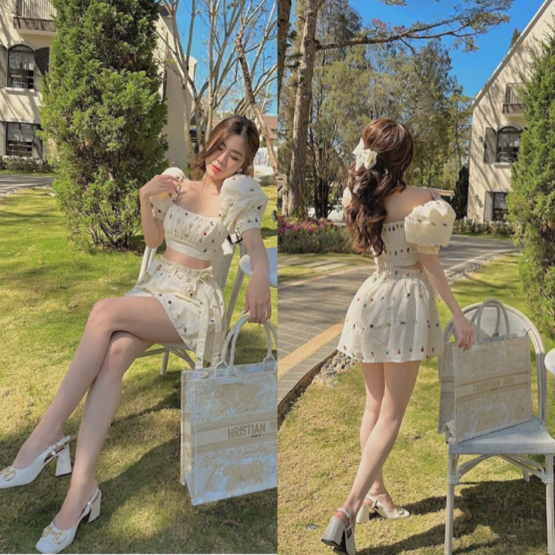 ( Hàng Loại 1 + Ảnh Thật ) Set Hoa Nhí Áo Croptop Nhún Bèo Chân Váy Quần Bo Chun Eo Chất Thô Thiết Kế Nơ 2 Bên Màu Kem