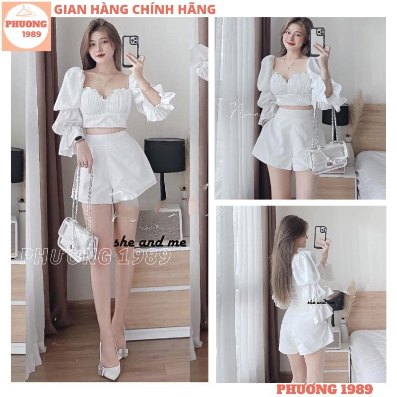 Set áo croptop trắng cúp ngực xếp ly vỏ sò tay bồng ống loe quần short rộng, Bộ 2 món áo trễ vai lưng chun kèm quần 1989