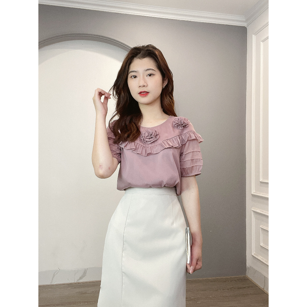 Áo Sơ Mi Tơ Viền Bèo Đính 3 Bông Hoa Min House