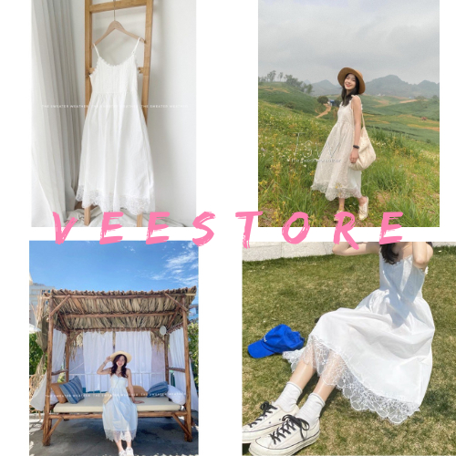 Váy maxi 2 dây trắng ren dáng dài ulzzang/ Đầm nữ cổ tròn dáng suông dài Hàn Quốc_veestore