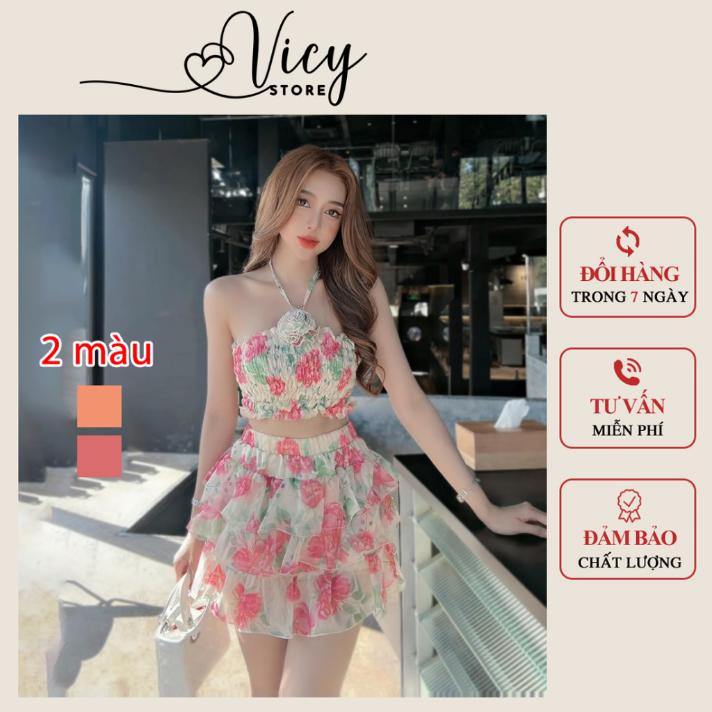 Set đi biển áo dây yếm kèm chân váy xòe tầng, set bộ hè nữ voan hoa sexy dễ thương Vicy 2SEHODB001