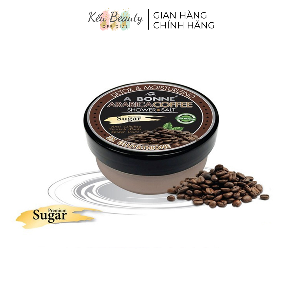 Muối tắm cà phê kết hợp đường tẩy tế bào chết, A Bonne Arabica Coffee Shower Salt, muối tắm cafe Thái Lan dạng hũ 350gr