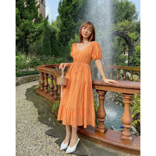 COLUS - Đầm cam rút eo tay phồng