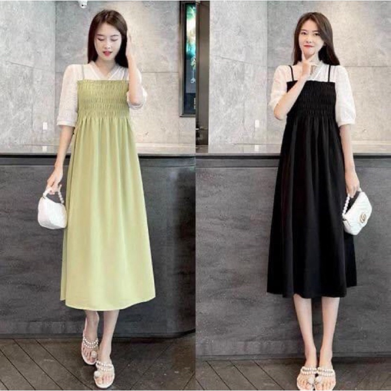 Váy Bầu, Đầm Bầu Hai Dây Phối Tay Cổ Ren Trắng Thiết Kế Cực Xinh