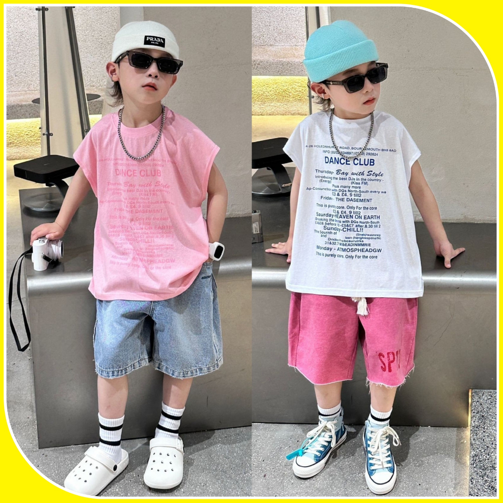 Áo ba lỗ bé trai thun mỏng in chữ A310 size 90-140, áo tanktop trẻ em quảng châu cao cấp