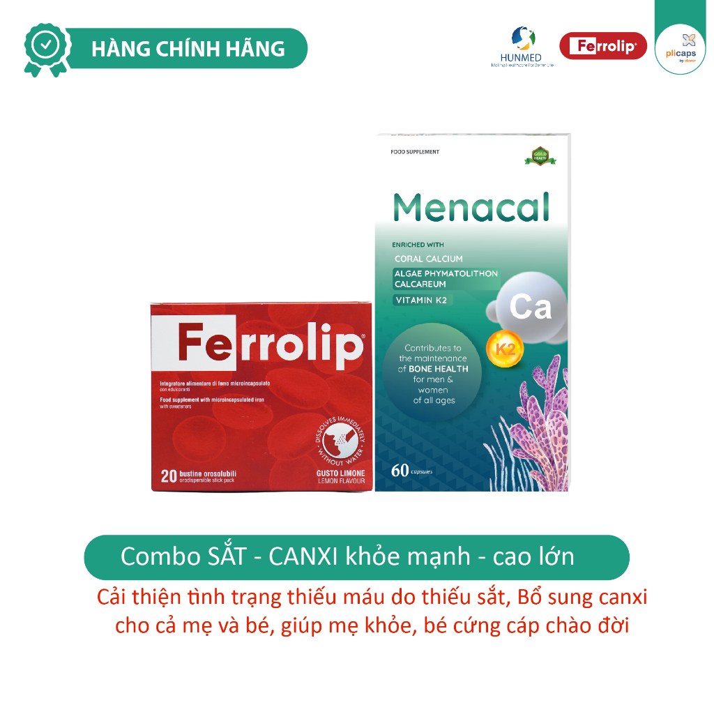 Sắt Sinh Học Ferrolip - Canxi Tự Nhiên Aplicaps Menacal dành cho người lớn, mẹ bầu, mẹ sau sinh combo 2 hộp