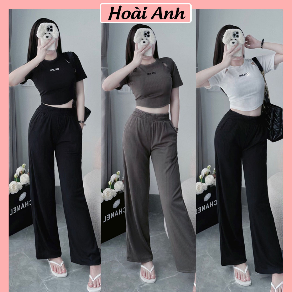 Set Bố Đồ Nữ Áo Croptop Vạt Bầu CELlNE Khoét Vai Mix Quần Suông Ống Rộng Freesize