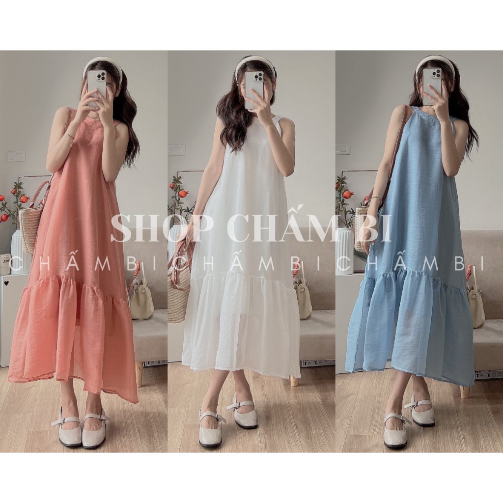 Váy nữ dáng dài V.153, Váy cổ yếm đuôi cá buộc nơ lưng chất voan xước 2 lớp có lót trong sang chảnh - Shop Chấm Bi