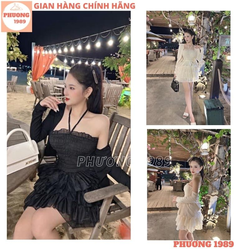 Set áo quây bo chun cổ yếm chân váy bồng xếp ly 5 tầng, Bộ áo ống bèo nhún voan tơ thời trang điệu đà gợi cảm - 1989