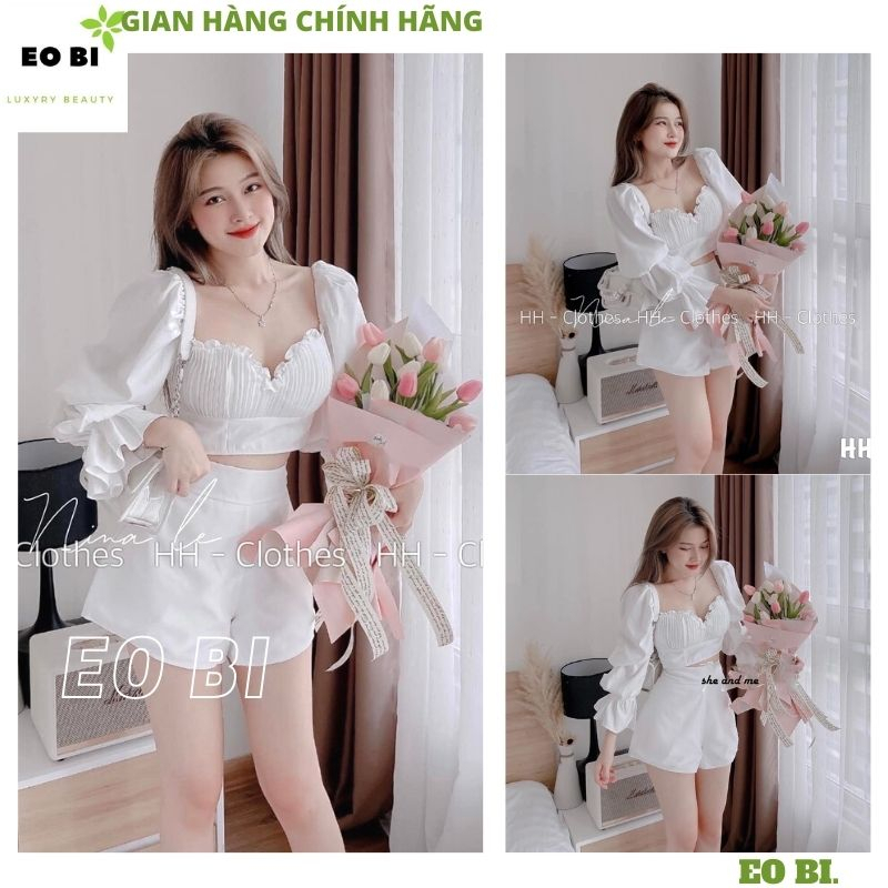 Set áo croptop trắng cúp ngực xếp ly vỏ sò tay bồng ống loe quần short rộng, Bộ 2 món áo trễ vai lưng chun kèm quần EOBI