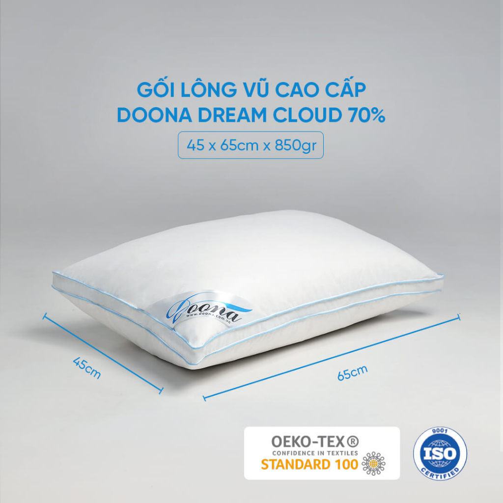 Gối nằm lông vũ tự nhiên Doona Dream Cloud 70% 45x65cm cực kì êm ái bảo hành bởi Vua Nệm