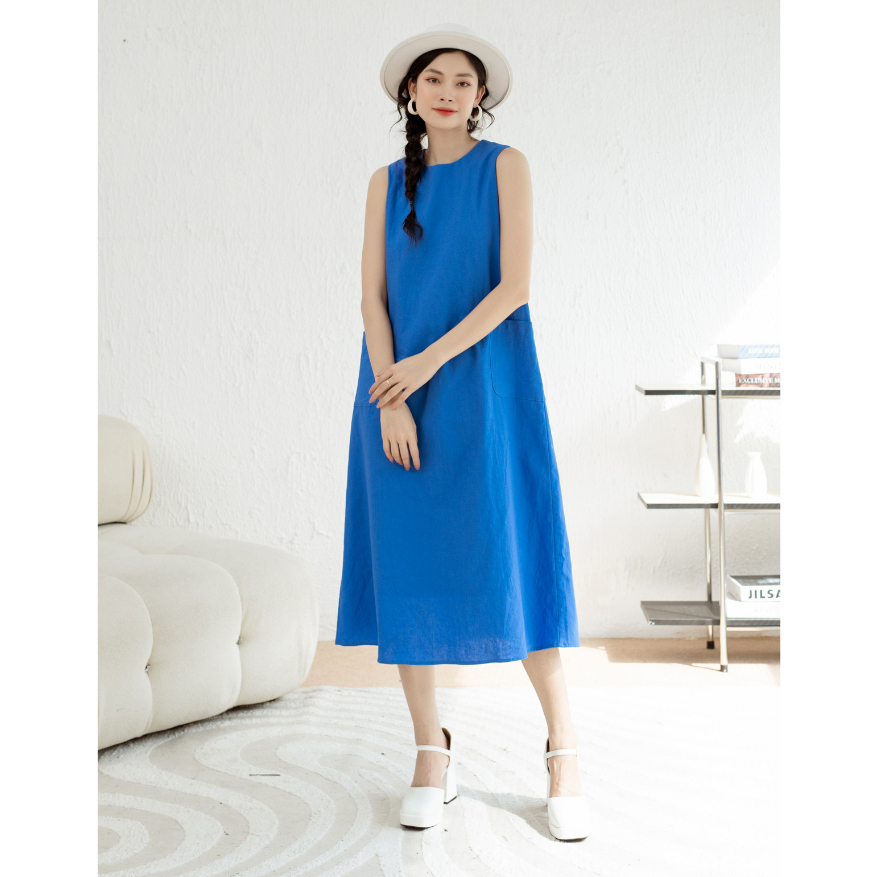 Đầm nữ linen sát nách dáng chữ A thời trang Hoa Đô màu xanh HD3060