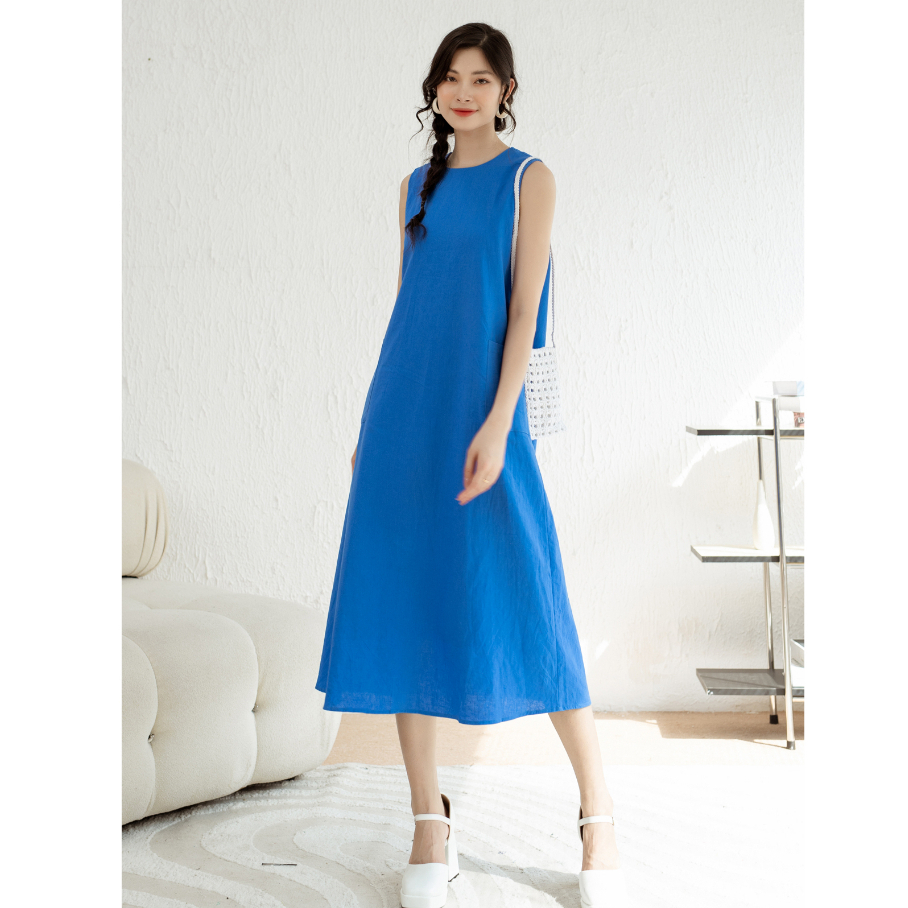 Đầm nữ linen sát nách dáng chữ A thời trang Hoa Đô màu xanh HD3060