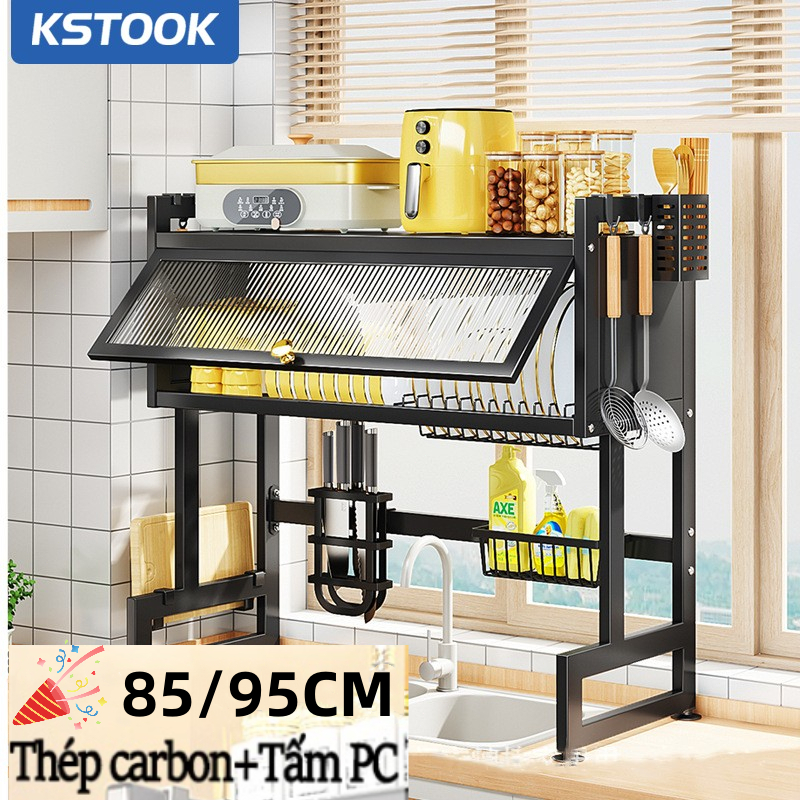 Kệ Tủ Bếp Trên Bồn Rửa Bằng Thép Carbon Có Nắp Đa Năng 2 Tầng Dung Tích Lớn Tiết Kiệm Không Gian kệ bếp
