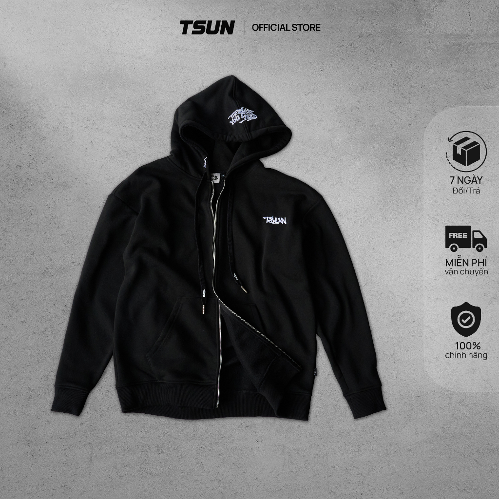 Áo Nỉ Hoodie Zip TSUN BigLogo - Khóa Kéo - Thêu - [UNISEX] - Đen - Thêu trên Nón, In Dây luồng nón | BigBuy360 - bigbuy360.vn