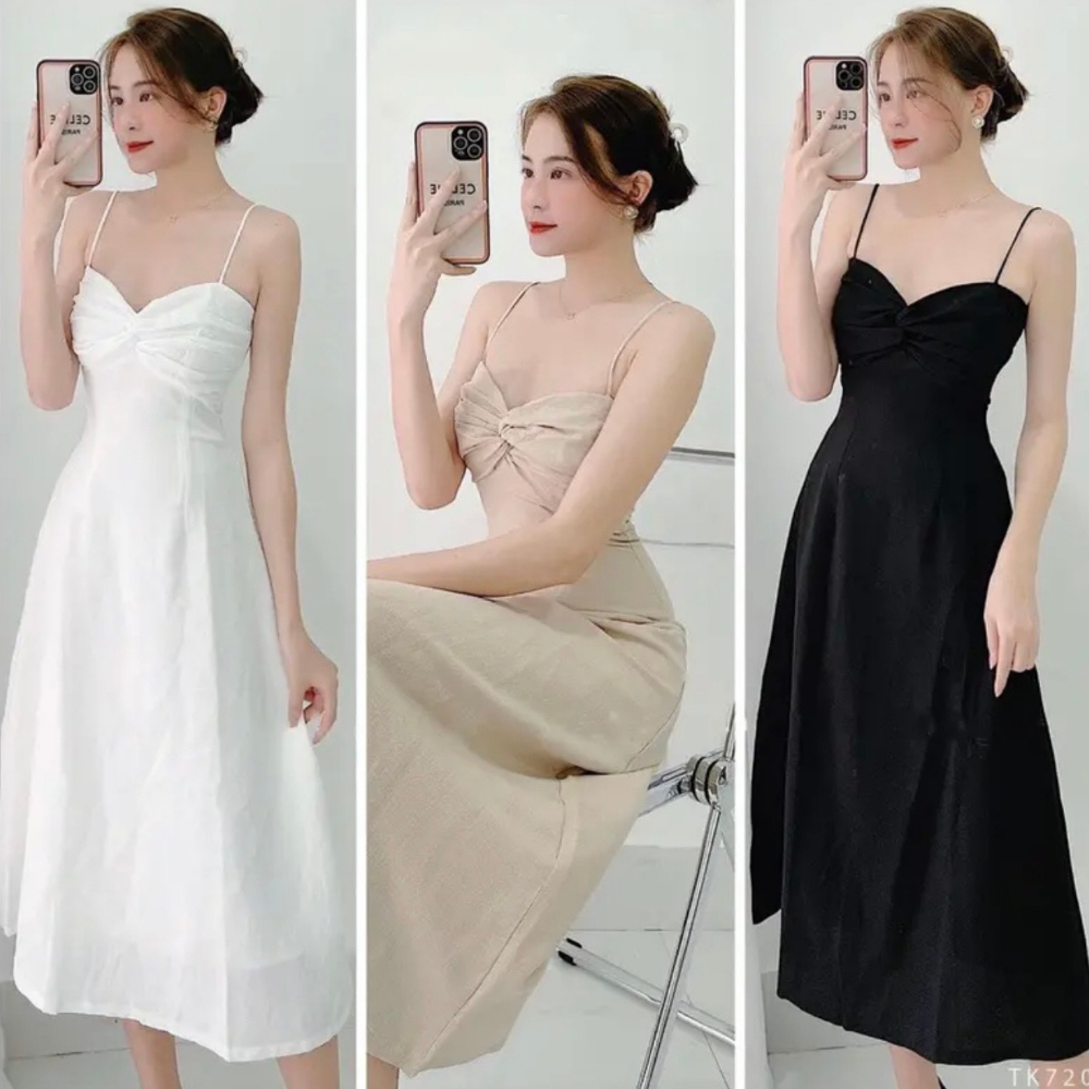 Đầm maxi hai dây đi biển dáng xoè dài xoắn ngực xinh xắn LINA SHOP