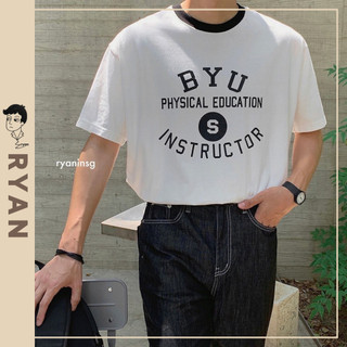 RYAN - Áo thun nam BYU ngắn tay vải cotton cổ bo tròn thương hiệu RYAN form rộng phong cách Hàn
